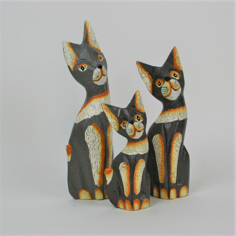 Carved Small Grey Cats - set of 3