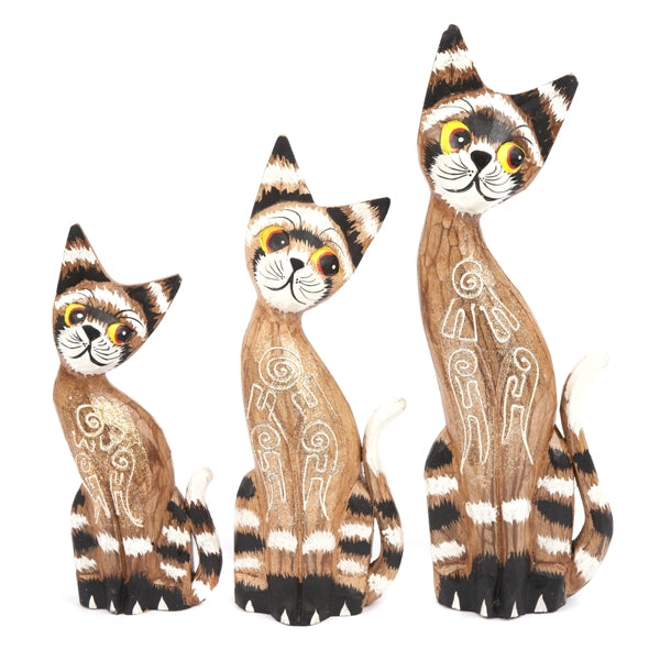 Carved Bright Eyed Cats - Set of 3