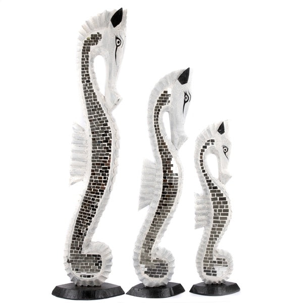 Seahorse (Wooden) - White Mosaic Mirror - 30 cm